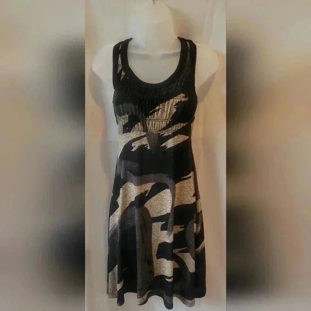 SIZE MEDIUM VINTAGE TAHERI Babydoll Dress Ruched Sleevless Racerback BLK/BRN/TAN